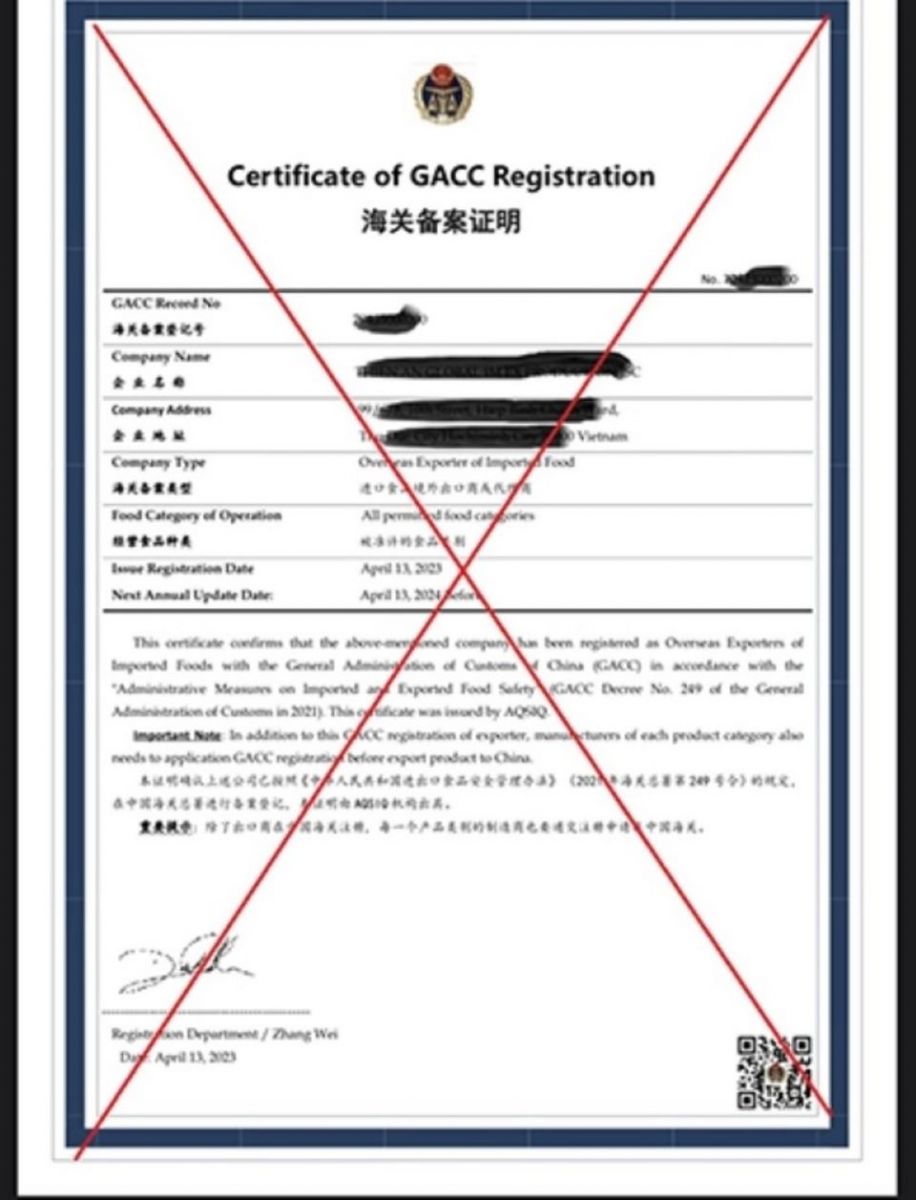 Giấy chứng nhận đăng ký của Tổng cục Hải quan Trung Quốc - Certificate of GACC Registration