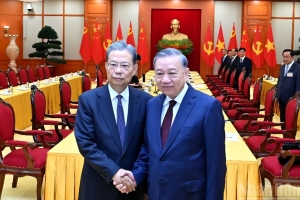 [Ảnh] Tổng Bí thư Tô Lâm tiếp Ủy viên trưởng Nhân đại toàn quốc Trung Quốc Triệu Lạc Tế